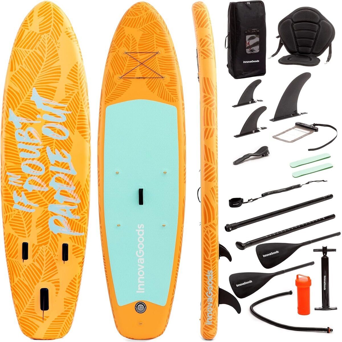 2 i 1 Oppusteligt Paddle Surf Board med sæde og tilbehør InnovaGoods Orange 10’5″ 320 cm (Refurbished B)
